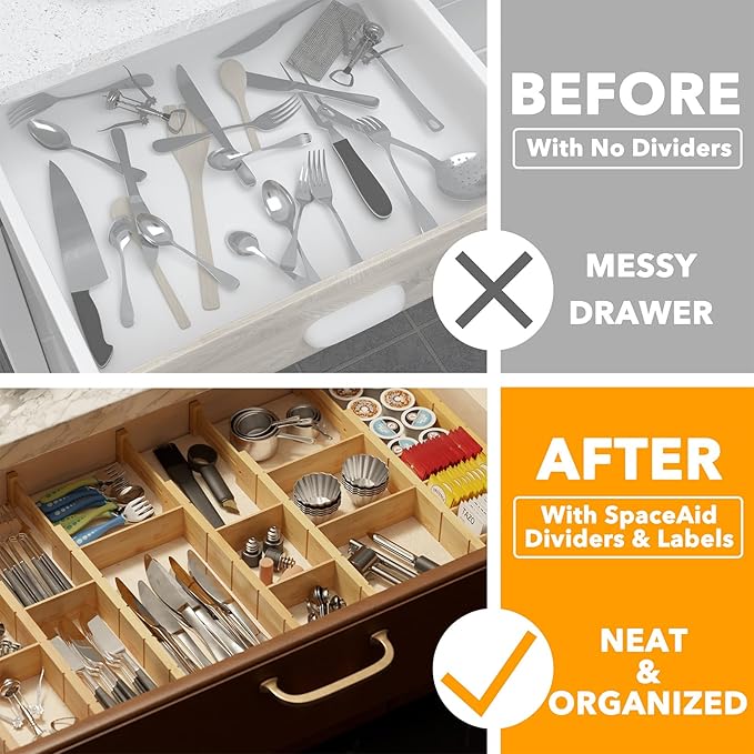 SpaceAid Bamboo Drawer Dividers with Inserts and Labels, Kitchen Adjustable Drawer Organizers, Expandable Organization for Home, Office, Dressers, 10 Dividers with 24 Inserts (17"-22" Natural)-DeskLoop Office