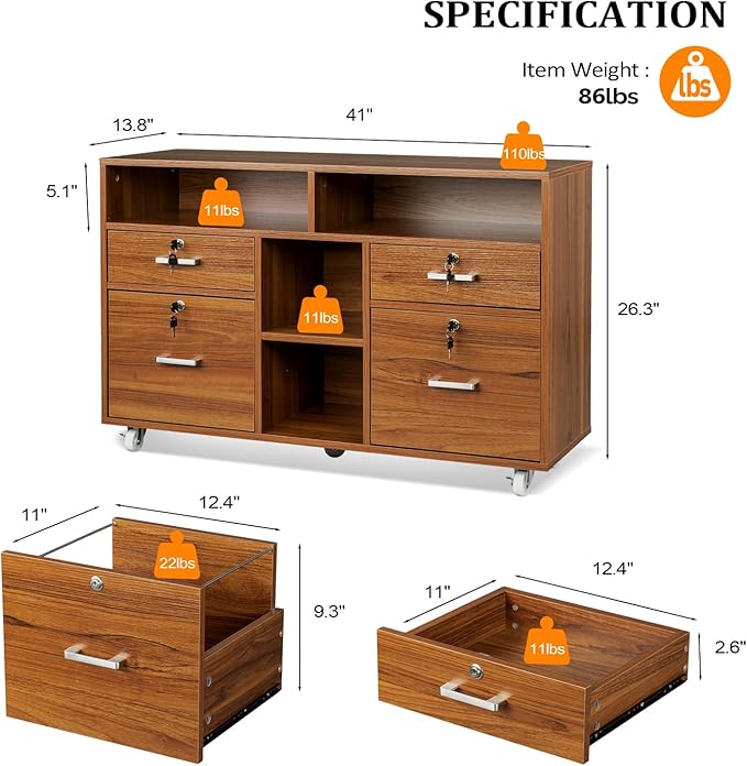 VINGLI Wide 4 Drawer Lockable Rolling File Cabinet with Open Shelves - Walnut Wood Lateral File Cabinet Printer Stand for Home Office, Letter Sized-DeskLoop Office