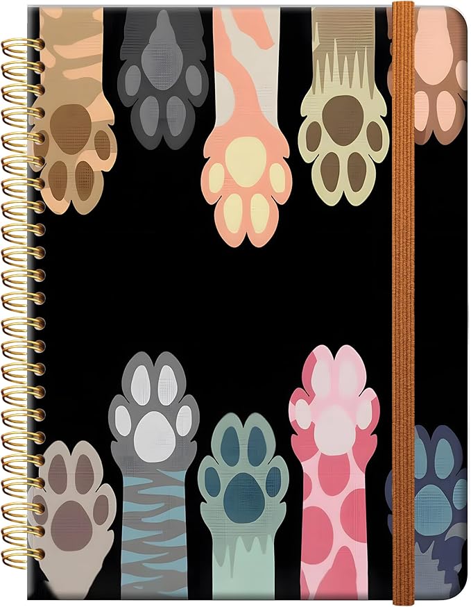 Ruled Spiral Writing Notebook,A5 Hardcover Lined College Journal for Women Lady,Fashion Puppy Watercolor Strong Twin-Wire Binding with Premium Paper,8.4" X 6",Perfect for School,Office,Home Gifts(Cat Animals Paws)-DeskLoop Office