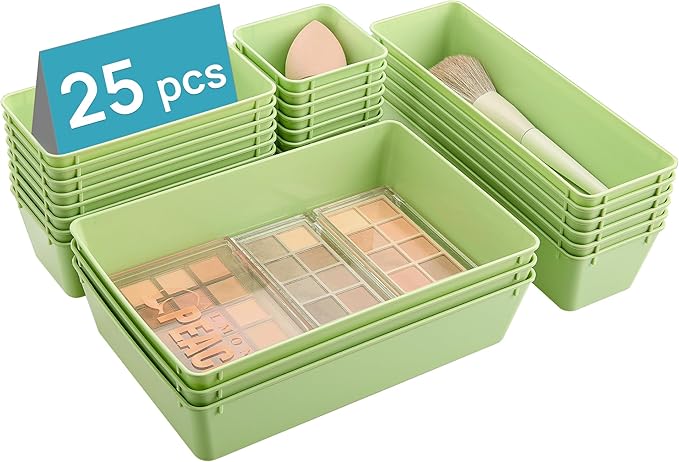 Vtopmart 25 PCS Plastic Drawer Organizers Set, 4-Size Versatile Bathroom and Vanity Drawer Organizer Trays, Storage Bins for Makeup, Bedroom, Kitchen Gadgets Utensils and Office-DeskLoop Office
