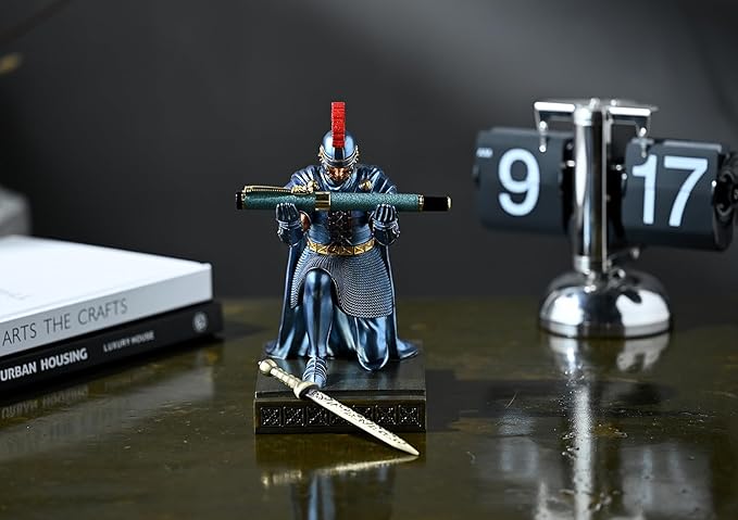 Roman Praetorian Prefect Warrior Knight Pen Holder Desk Ornament Resin Praetorian Guard Mobile Phone Stand Desk Accessories and Organizer for Office with a Letter Opener (Blue)-DeskLoop Office