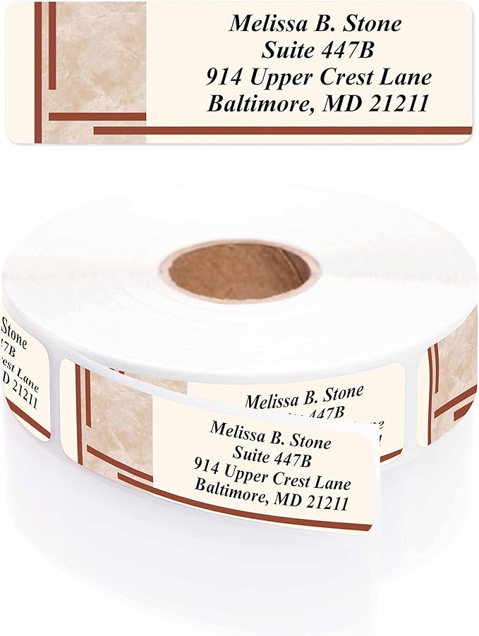 Brown Marble Designer Rolled Address Labels with Elegant Plastic Dispenser-DeskLoop Office