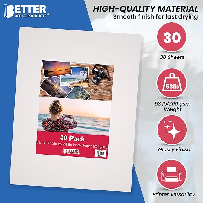 Better Office Products Glossy Photo Paper, 8.5 x 11 Inch, 30 Sheets, 200 gsm, Letter Size, 30-Count Pack-DeskLoop Office