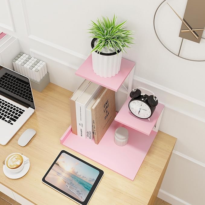 ELITEROO Desktop Shelf, Aesthetic Desk Organizer Table Top Mini Bookshelf, 3 Tier Wooden Desk Supplies Organizers and Storage Stand Cubicle Accessories for Women Office, Pink-DeskLoop Office