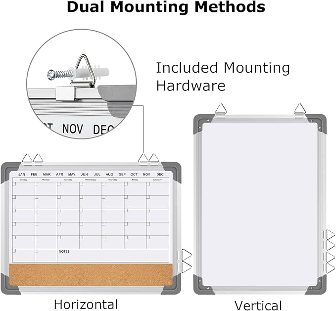 EAONE 16x12 in Double Side Whiteboard Calendar & Cork Board Combo for Wall, 3 in 1 Magnetic Dry Erase Whiteboard Monthly Calendar and Bulletin Board with Aluminum Frame for Home Office Kitchen-DeskLoop Office