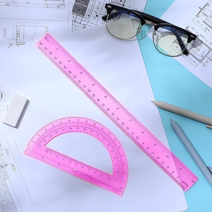 Zonon 2 Pack 12'' Plastic Ruler and 6'' Plastic Protractor Set Clear Ruler Protractor Set Math Geometry Supplies for School Classroom Home Office Drawing(Pink)-DeskLoop Office