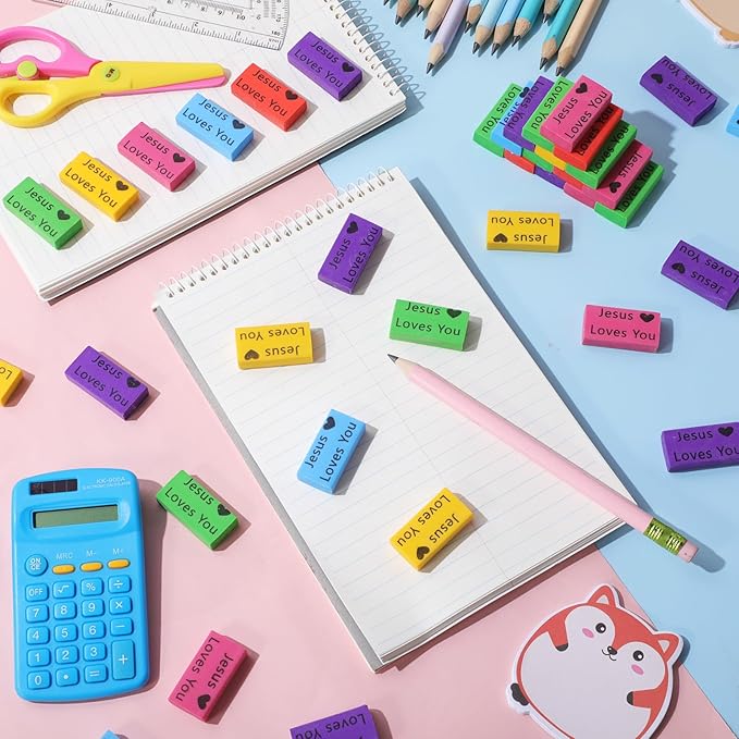 180 Pcs Inspirational Erasers for Kids Christian Pencil Erasers Bulk, Back-to-School Gifts Motivational and Cute Supplies for Students Classrooms, Drawing(Multicolor,Jesus Loves You)-DeskLoop Office