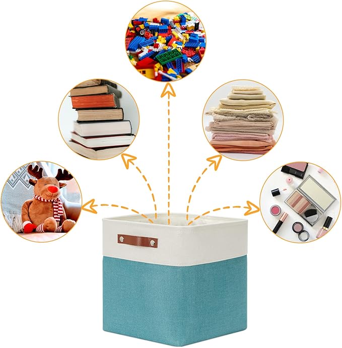 DULLEMELO Square Storage Cubes Baskets for Gifts Empty, 12 inch Cube Stroage Bins Linen Closet Organizers and Storage Baskets for Toy Nursery Shelves Bedroom Storage(4 Pack - 12" White&Teal)-DeskLoop Office