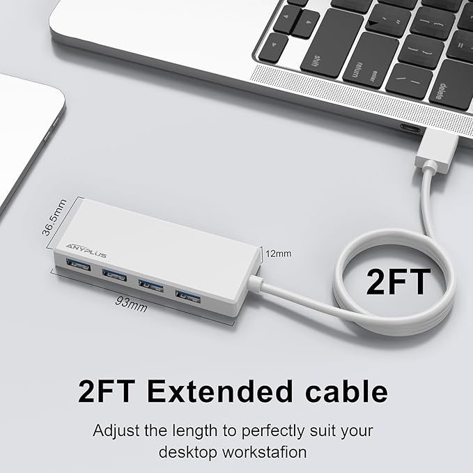 USB Hub, Multiport USB Splitter Adapter, 2 ft Long Cable USB 3.0 Hub, USB Extender for Laptop, PC, iMac, Surface Pro, MacBook, Mac Pro, Flash Drive, XPS, Mouse, HDD【White】-DeskLoop Office