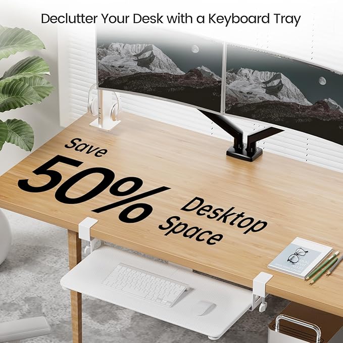 Large Keyboard Tray Under Desk Slide Out with Extra Sturdy C Clamp Mount System,26'' (30'' including Clamps) x11 Slide-Out Keyboard Drawer Under Desk for Typing,Keyboard Mouse Tray,White-DeskLoop Office