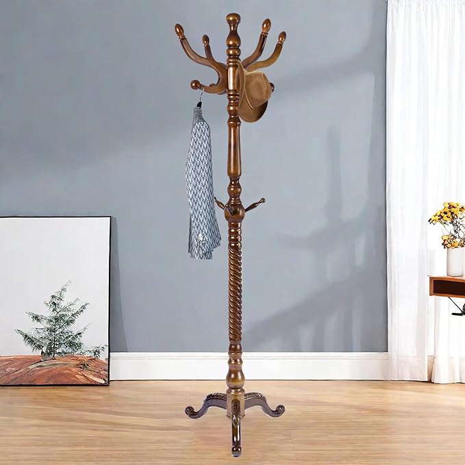 Solid Wood Coat Rack – 74.8" Freestanding Coat Racks Stand with 11 Hooks & Stable Base, Adjustable Height Modern Wooden Hall Tree for Entryway, Bedroom, Office, Home (Walnut Triangle)-DeskLoop Office