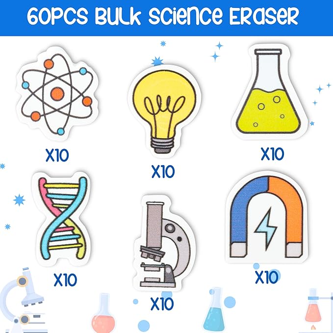 ANGOLIO Science Mini Eraser - 60P Summer Back to School for Kids Bulk Novelty Including microscopes U Shaped Magnets Lamp Bulb Pattern Pencil Eraser for Student Homework Summer Reward Classroom Prizes-DeskLoop Office