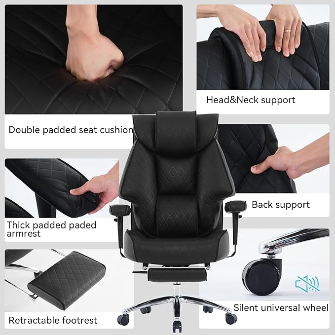 Big and Tall Office Chair with Footrest, PU Leather High Back Executive Office Chair 400lbs, Ergonomic Computer Chairs Lumbar Support for Heavy People (All Black)-DeskLoop Office