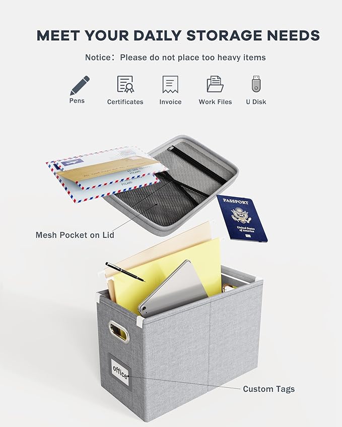 Oterri Hanging Filing File Box with Mesh Pocket, File Organizer Box with Lid, Collapsible Document Organizer Box for Letter Size, Easy Slide Durable Storage Box for Office/Decor/Home (2 PCS, Grey)-DeskLoop Office