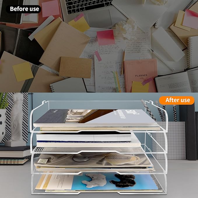 4 Pack- Stackable Paper Letter Tray,Clear Acrylic Magazine Holder and File Organizer - Sleek Desk Organizer for Home Office, Bookshelf, or Workspace - Space-Saving Transparent Document Holder-DeskLoop Office