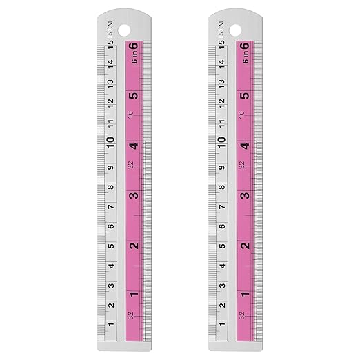 HARFINGTON 2pcs Metal Straight Ruler 15cm Metric SAE Aluminum Alloy Measuring Rulers Scale Tools with Hole for Measure Study Reading Classroom Office, Pink-DeskLoop Office