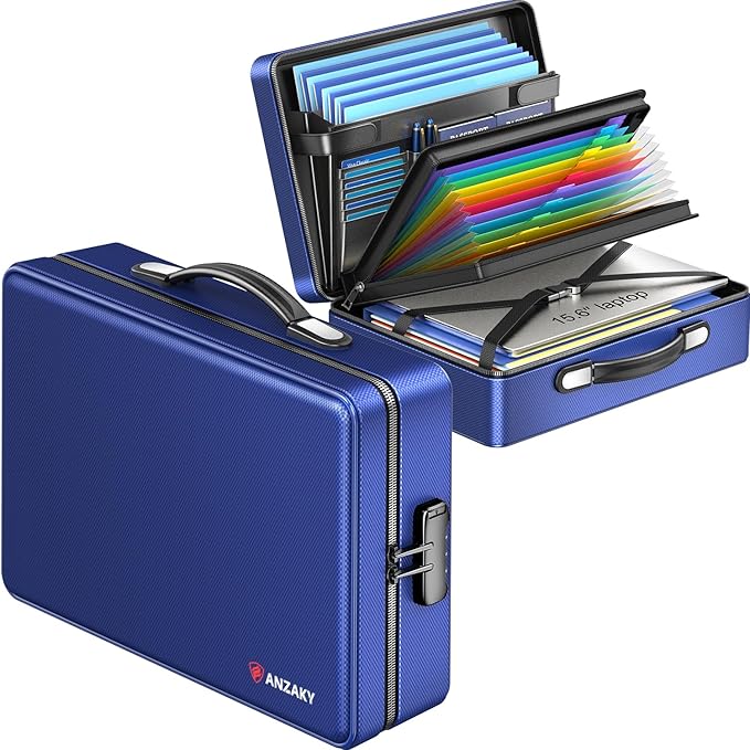 Fireproof Document Box with Fireproof Zipper, Hard Inner Shell Fireproof Document Bag with Lock, Fireproof Water Resistant Important Document Organizer 16 inch Laptop File Briefcase (Blue)-DeskLoop Office