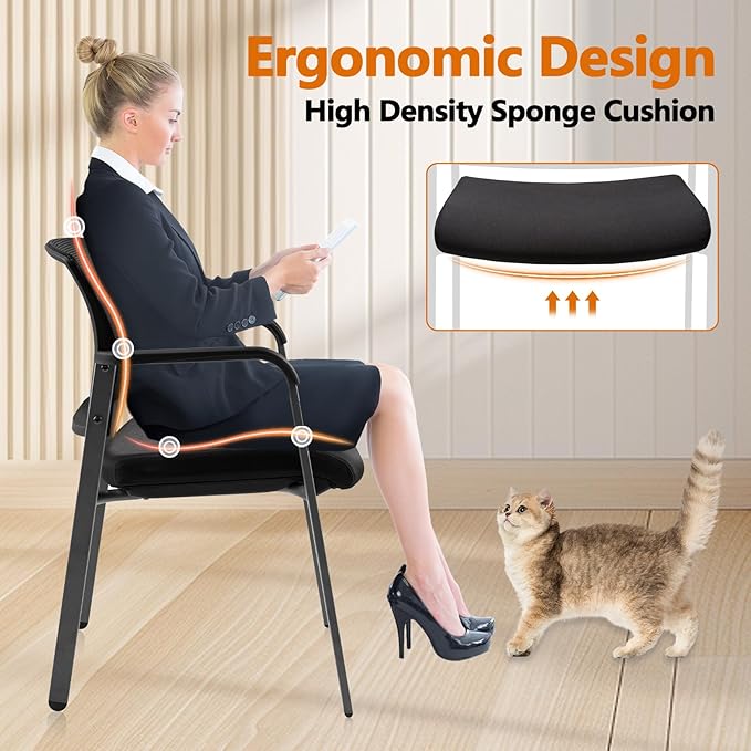 CLATINA Mesh Back Stacking Arm Chairs with Upholstered Fabric Seat and Ergonomic Lumber Support for Office School Church Guest Reception Black 4 Pack Set New Version-DeskLoop Office