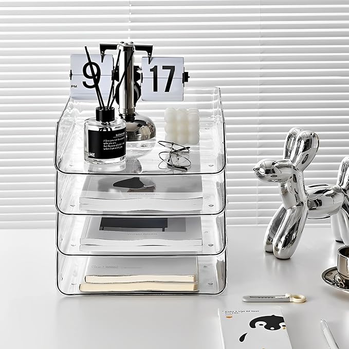 Gagee 2 Pack Paper Organizer for Desk,Clear Stackable Paper Sray, Office Desk Organizer for Notes, Pens, File, Document, Paper Holder -DeskLoop Office
