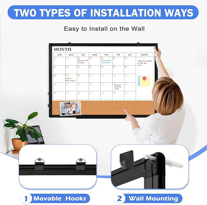 Monthly Calendar Whiteboard Dry Erase Cork Board Combo, 24" x 18" Magnetic Double-Sided Calendar White Board and Bulletin Board with Black Aluminium Frame, Portable Whiteboard for Office, Home, School-DeskLoop Office
