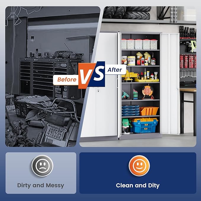 Yizosh Metal Garage Storage Cabinet with 2 Doors and 5 Adjustable Shelves - 71" Steel Lockable File Cabinet,Locking Tool Cabinets for Office,Home,Garage,Gym,School (Gray White)-DeskLoop Office