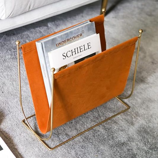 Plated Metal Wire and Suede Leather Magazine Holder Rack, Standing Rack for Magazines, Books, Newspapers, Home Staging Decoration-DeskLoop Office