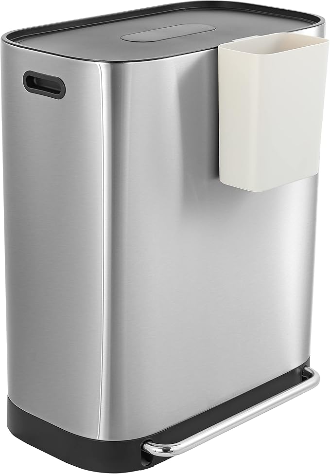 happimess HPM1014A Beni Kitchen 16-Gallon Double-Bucket Step-Open Trash Can with Soft-Close Lid, Modern, Minimalistic, Fingerprint Proof for Home, Kitchen, Laundry Room, Office, Bathroom, Chrome-DeskLoop Office