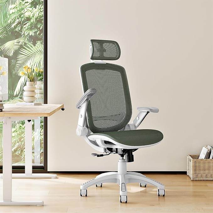 GABRYLLY Ergonomic Office Chair, High Back Home Desk Chair with Headrest, Flip-Up Arms, 90-120° Tilt Lock and Wide Cushion, 400LBS Mesh Chairs for Man Woman, White Task Chair(Olive Green,GY01WOG)-DeskLoop Office