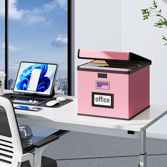 Huolewa File Organizer Box with Lid, Collapsible Leather File Folder Organizer for Office Document Storage, Filing Box with Plastic Slide for Letter/Legal Size Hanging Files, Pink-DeskLoop Office