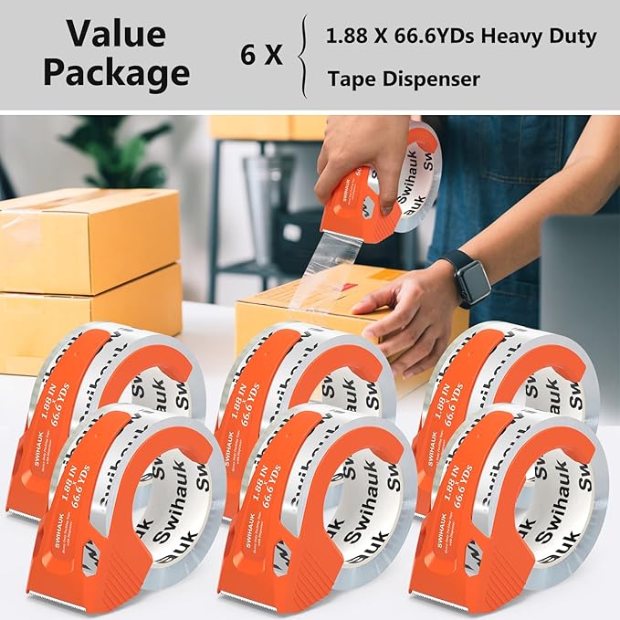 Swihauk Total 400 yd, 6 Pack 1.88 in x 66.6 yd - Heavy Duty Packing Tape with Dispenser Combo, Clear Shipping Tape, Packaging Tape, Package Tape for Shipping Moving Storage and Mailing, w30200-DeskLoop Office