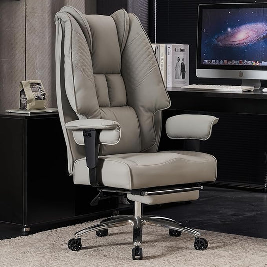 Big and Tall Office Chair 400lbs Wide Seat, Leather High Back Executive Office Chair with Foot Rest, Ergonomic Chairs Lumbar Support for Lower Back Pain Relief (Light Grey)-DeskLoop Office