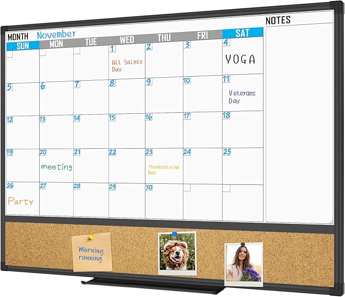 XBoard Dry Erase Calendar Whiteboard 48 X 36 - Combo White Board Calendar Monthly, Magnetic White Board + Corkboard with Black Aluminum Frame, Colorful Push Pins & Marker Tray Included-DeskLoop Office