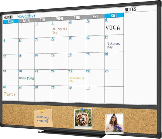 XBoard Dry Erase Calendar Whiteboard 48 X 36 - Combo White Board Calendar Monthly, Magnetic White Board + Corkboard with Black Aluminum Frame, Colorful Push Pins & Marker Tray Included-DeskLoop Office