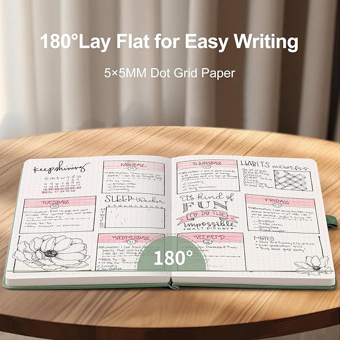 AHGXG Bullet Dotted Journal - Dot Grid Notebook Journal, 120 GSM Thick Acid-Free Paper, A5 Dotted Notebook 160 Pages, Leather Hardcover, Inner Pocket, Journal Stencil, 5.7'' × 8.3'' - Sage Green-DeskLoop Office