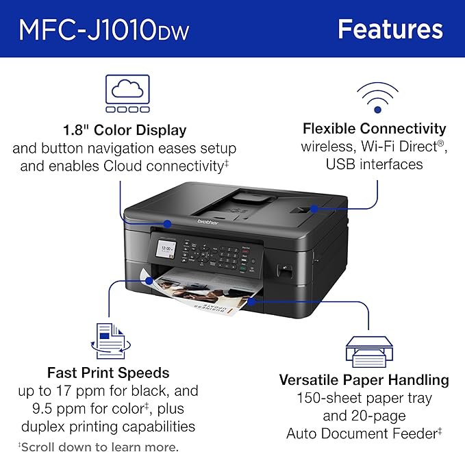 Brother MFC-J1010DW Wireless Color Inkjet All-in-One Printer, Duplex Printing, Mobile & Cloud Print, Compact Design, 1.8" Color Display, Works with Alexa-DeskLoop Office