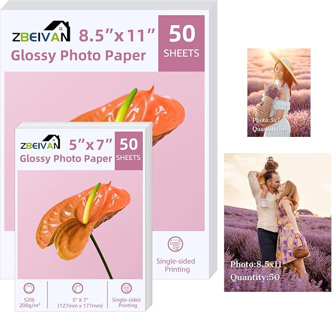 ZBEIVAN Photo Paper 5x7, 8.5x11 inch, Glossy Photo Papers 100 Sheets, 200 GSM Paper for Printer (50 Sheets of each size 5x7, 8.5x11)-DeskLoop Office