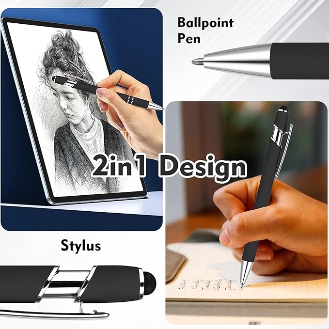 12 PCS 2 in 1 Stylus Ballpoint Pen with Stylus Tip, 1.0 mm Black Ink Metal Pen Stylus Pen for Touch Screens (Silver & Black)-DeskLoop Office
