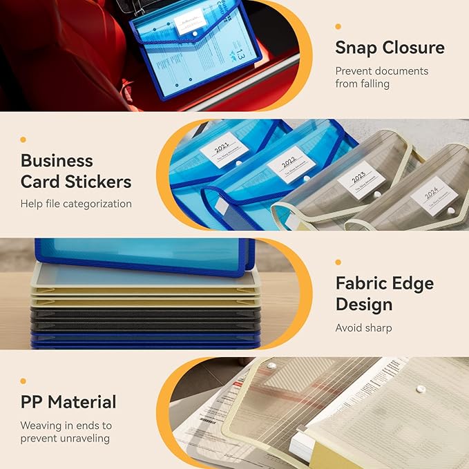 ABC life 6 Pack Plastic Expanding File Folder, Transparent envelopes with Snap Closure, No Dividers, Large Capacity, Assorted Colors, Fit Letter/A4 Size (Black+Blue+Tea Grey)-DeskLoop Office