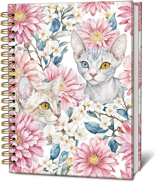 Sphynx Cat Notebook Journal, Cat Lover Gifts for Women Men, funny Black Cat Gifts for Girls, Pink Floral Cat Peel Spiral Notebook, Cat Notepad 5.5x8.3 Inch-DeskLoop Office