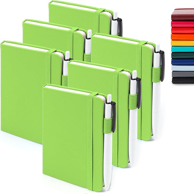 feela 6 Pack Pocket Small Notebooks Bulk, Mini Cute Memo Notepads Hardcover College Ruled Lined Journals with Pen Holder for Women Girls Office School, with 6 Black Pens, 3.5”x 5.5”, A6, Green-DeskLoop Office