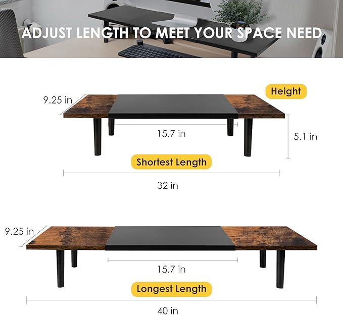 Dual-Monitor-Stand-Riser-For-Desk Adjustable Length 32-40 Inch, Large Desktop Computer Monitor Riser For 2 Screens, Desk Shelf Organizer Riser Stand For Computer/Laptop/PC/Printer/TV Brown-DeskLoop Office