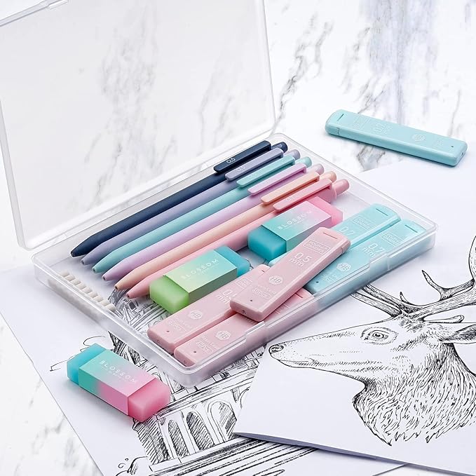 Four Candies Cute Mechanical Pencil Set, 6PCS Pastel Mechanical Pencils 0.5 & 0.7mm with 360PCS HB Leads, 3PCS Erasers and 9PCS Eraser Refills, Aesthetic School Supplies for Girls Writing-DeskLoop Office
