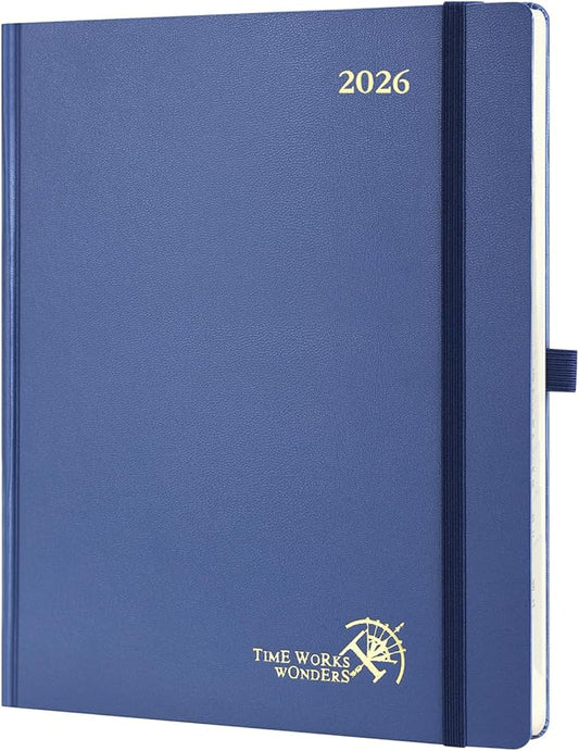 POPRUN 2026 Planner (Large Size 8.5''x 10.5'' Hardcover) - Daily Weekly and Monthly Calendar Agenda 2026 Appointment Book with Hourly Time Slots, Monthly Tabs, 100 GSM - Navy Blue-DeskLoop Office