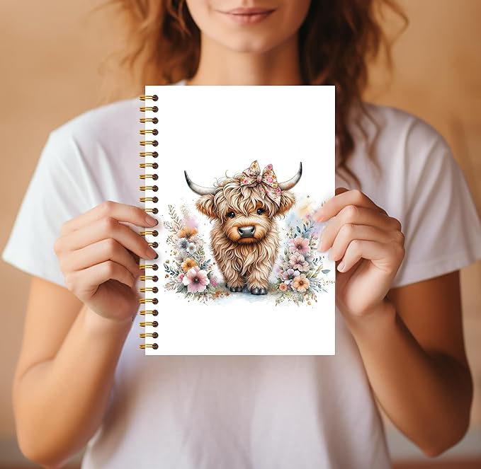 Floral Highland Cow Notebook - Western Notebook, Cow Notebook, Highland Cow Office Supplies, Highland Cow Gifts, Cute Highland Cow Stuff, Farmhouse Highland Cows Spiral Notebook 5.5x8.3-DeskLoop Office