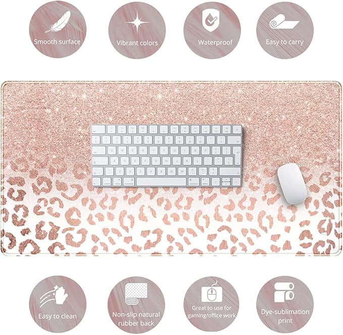 Desk Mat XXL Mouse pad, Pink Rose Gold Leopard Print Office Supplies and Accessories Decor for Women 31.5X15.75in,Stitched Edges Smooth Non-Slip Bottom, Large pad-DeskLoop Office