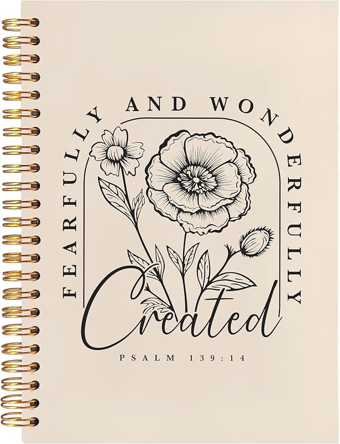 BearCake Floral Christian Notebook Journal, Christian Gifts for Women, Fearfully and Wonderfully Bible Journaling Prayer Journal for Women, Neutral Hardcover Spiral Notebook 5.5x8.3-DeskLoop Office