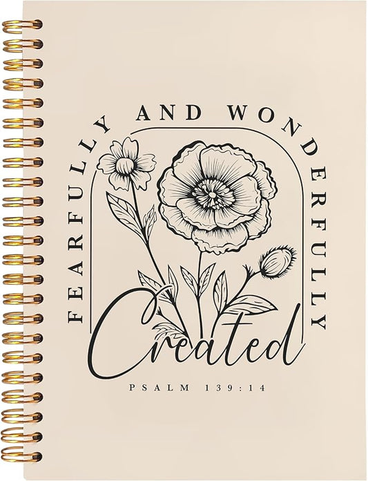 BearCake Floral Christian Notebook Journal, Christian Gifts for Women, Fearfully and Wonderfully Bible Journaling Prayer Journal for Women, Neutral Hardcover Spiral Notebook 5.5x8.3-DeskLoop Office