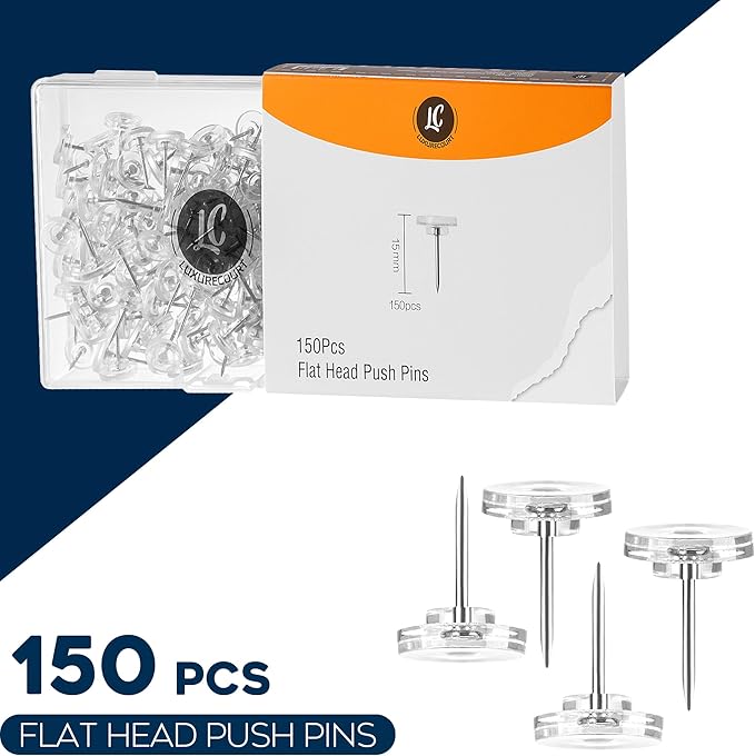 150 Pack Clear Push Pins Tacks by Luxurecourt, Flat Head Thumbtacks for Bulletin Board, Wall Hanging, Cork Board, Shadow Box, Heavy Duty Plastic Head with Steel Point in Reusable Storage Box.-DeskLoop Office