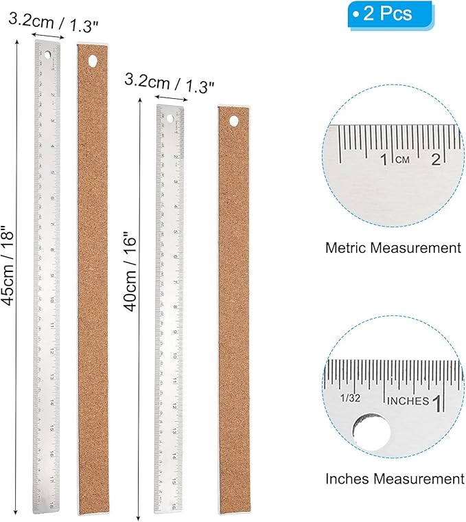 PATIKIL 16, 18 Inch Stainless Steel Straight Edge Ruler, 2 Pcs Cork Backing Non-Slip Metal Ruler with Inches Centimeter Metric Measuring Tools for Office-DeskLoop Office