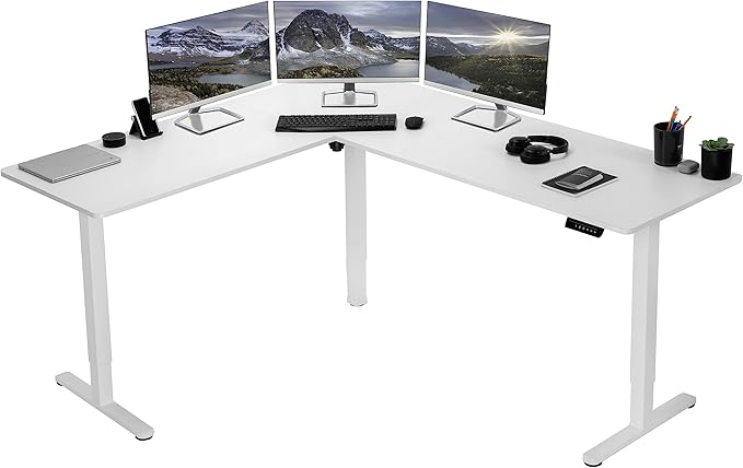 VIVO Electric Corner L-Shaped 75 x 63 in Rustic Standing Desk, Memory Height Adjustment, White Top White Frame, DESK-E3CTW-75-DeskLoop Office